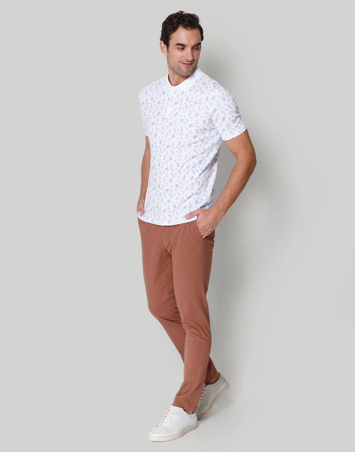 White Floral Print Polo Neck T-Shirt