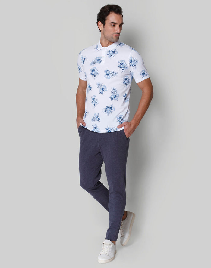 White Floral Print Polo Neck T-Shirt
