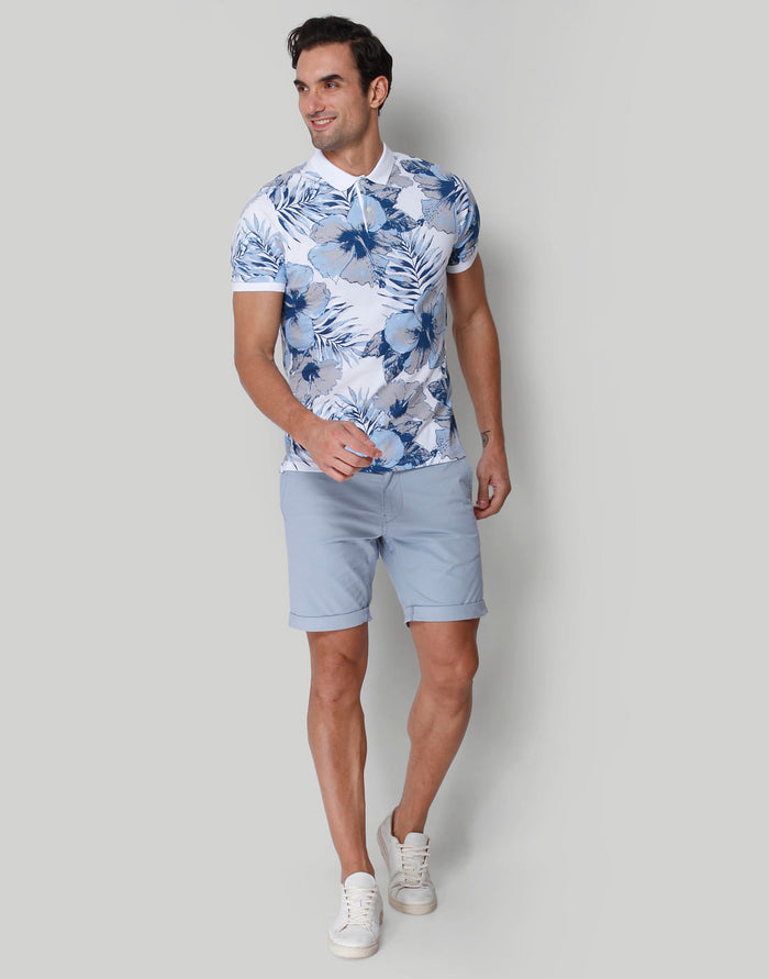 White Floral Print Polo Neck T-Shirt