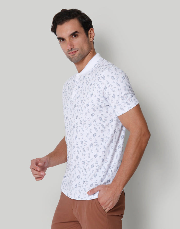 White Floral Print Polo Neck T-Shirt