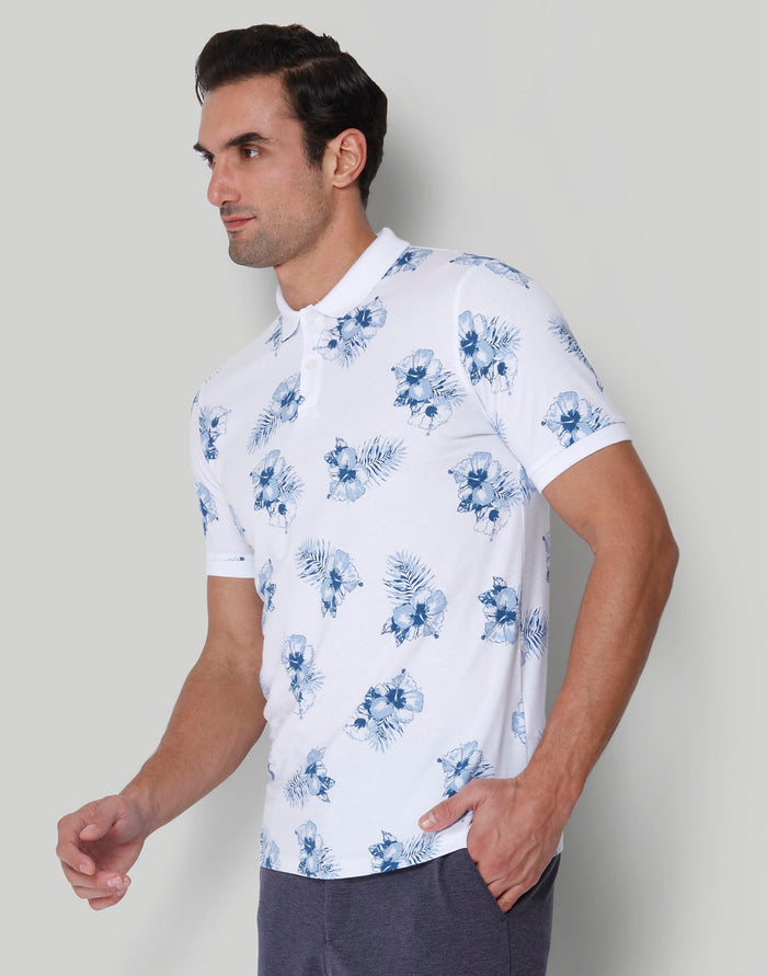 White Floral Print Polo Neck T-Shirt
