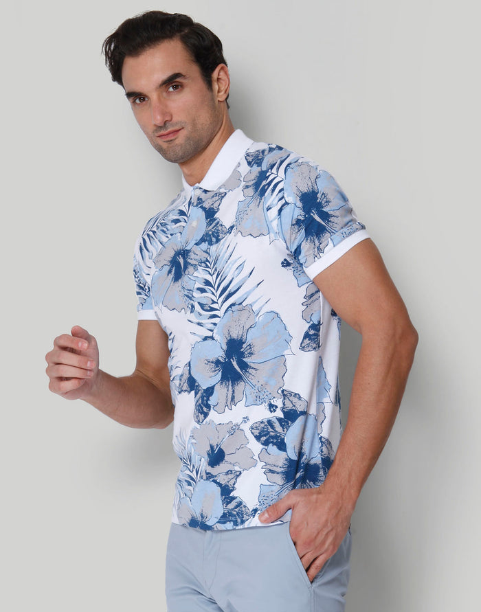 White Floral Print Polo Neck T-Shirt