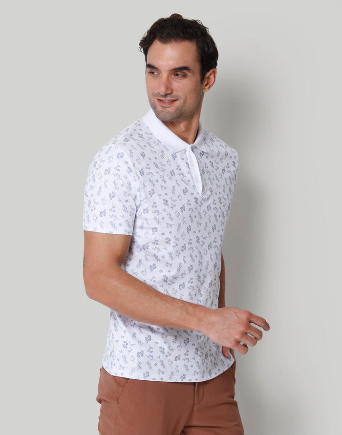 White Floral Print Polo Neck T-Shirt