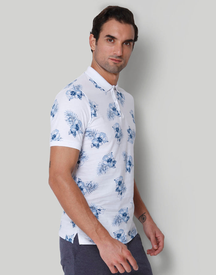 White Floral Print Polo Neck T-Shirt