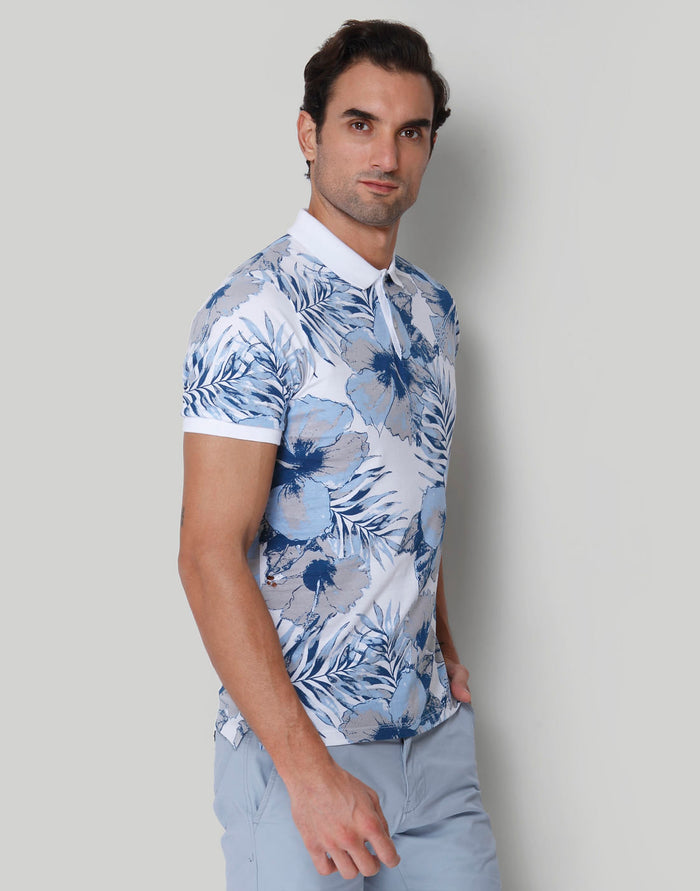 White Floral Print Polo Neck T-Shirt