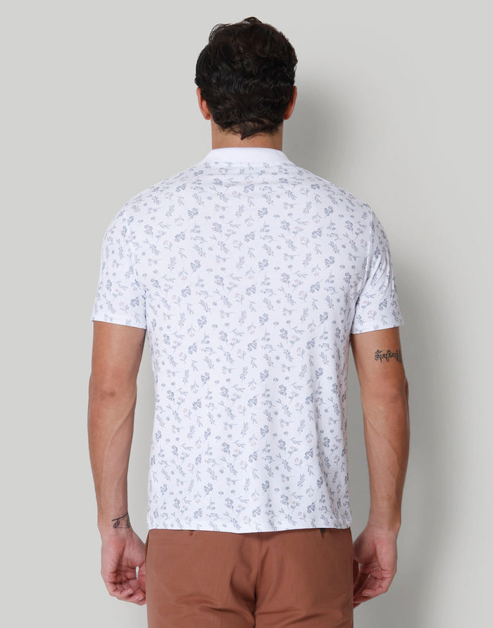 White Floral Print Polo Neck T-Shirt