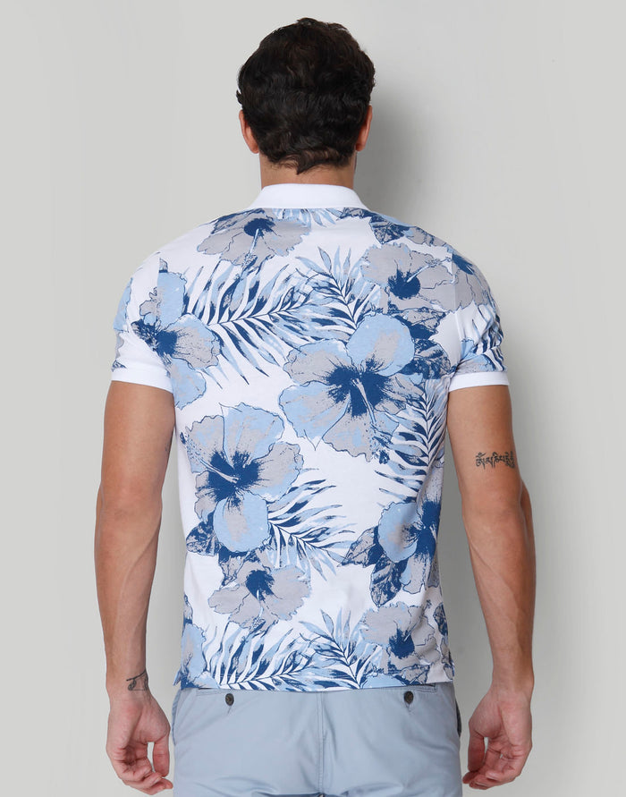 White Floral Print Polo Neck T-Shirt