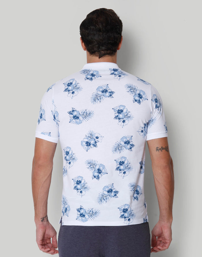 White Floral Print Polo Neck T-Shirt