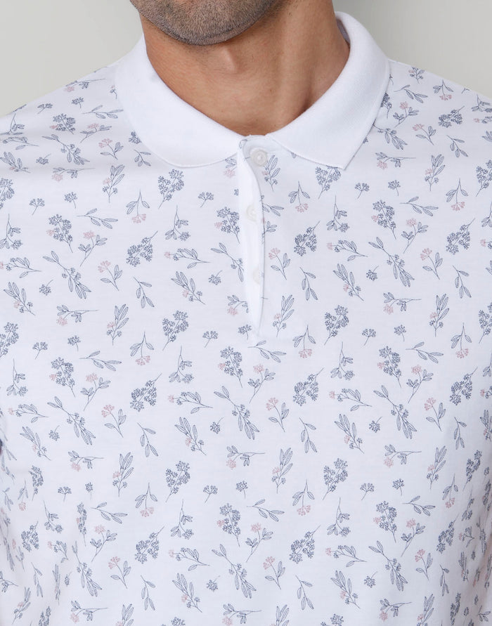 White Floral Print Polo Neck T-Shirt