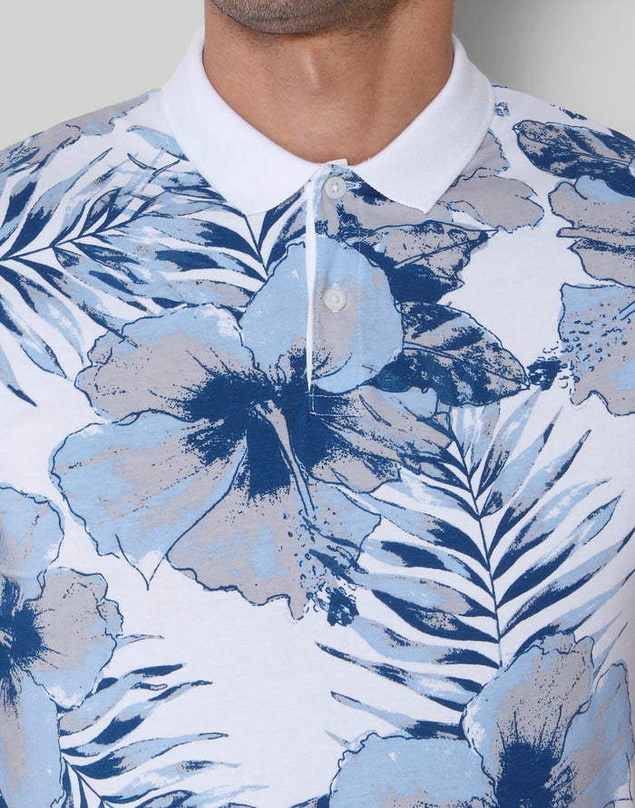 White Floral Print Polo Neck T-Shirt