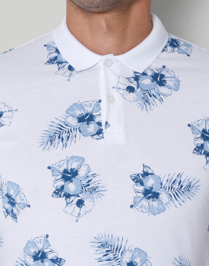 White Floral Print Polo Neck T-Shirt