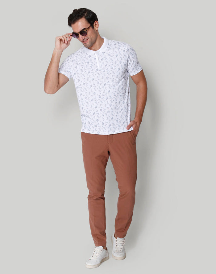 White Floral Print Polo Neck T-Shirt