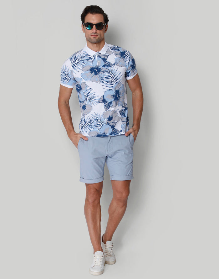 White Floral Print Polo Neck T-Shirt