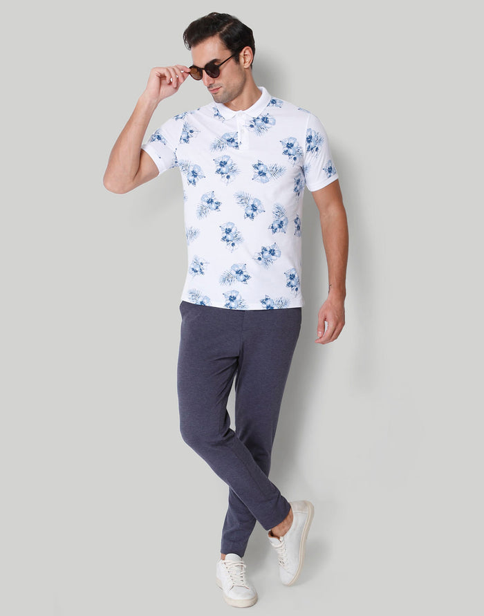 White Floral Print Polo Neck T-Shirt