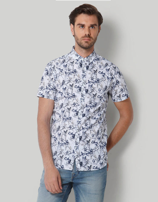 White Floral Print Short Sleeves Shirt