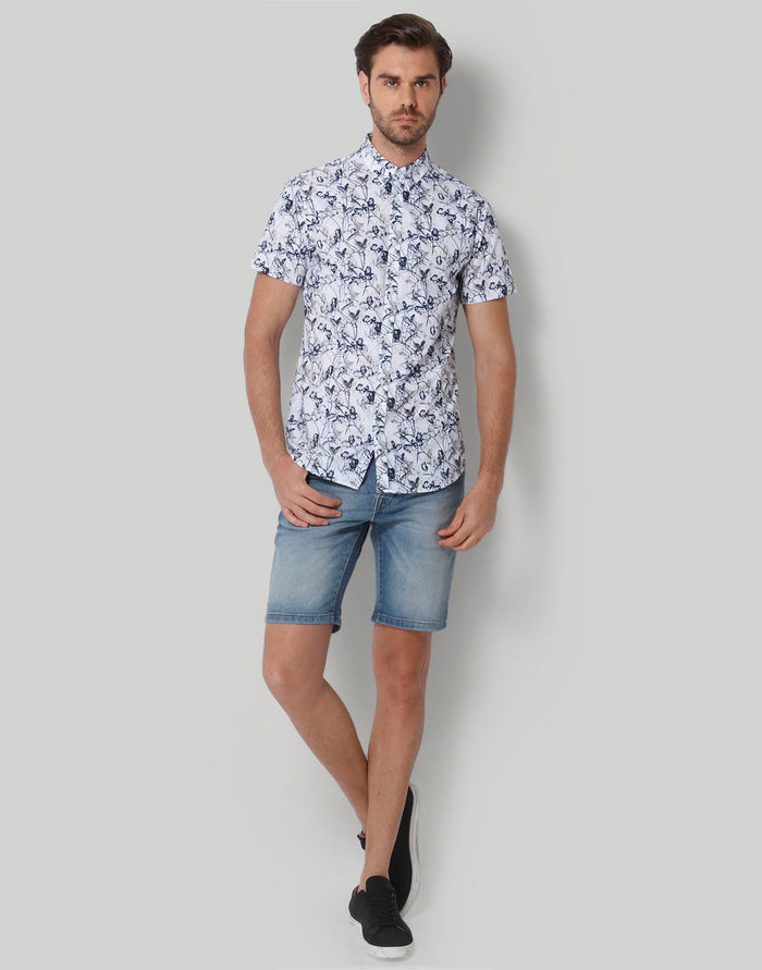White Floral Print Short Sleeves Shirt