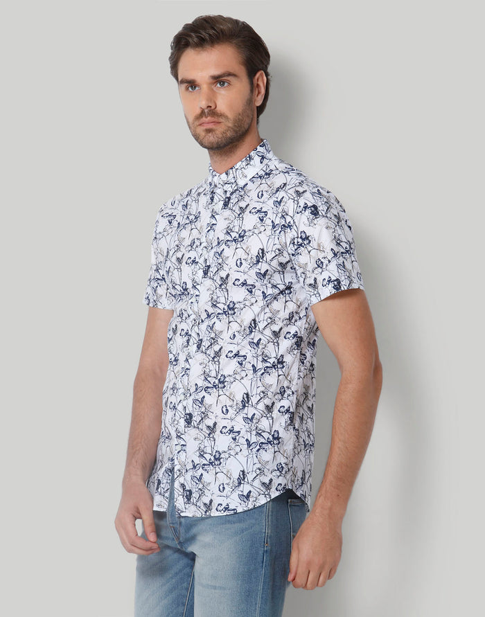 White Floral Print Short Sleeves Shirt