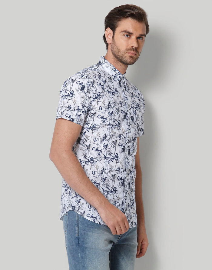 White Floral Print Short Sleeves Shirt
