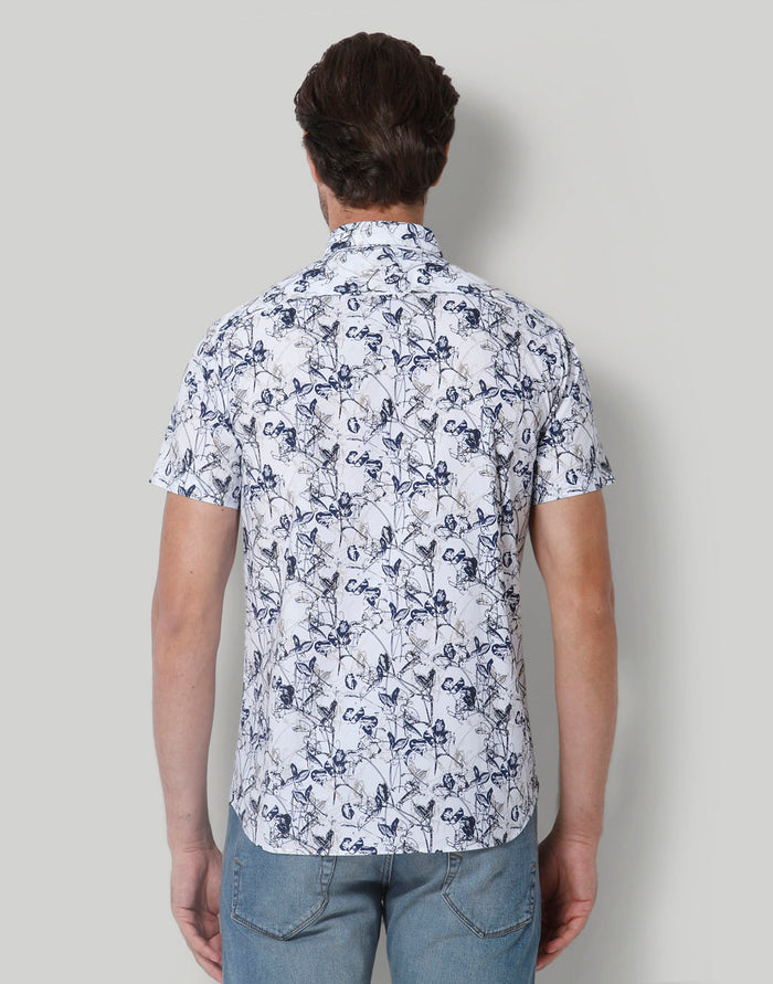White Floral Print Short Sleeves Shirt