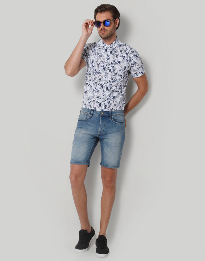White Floral Print Short Sleeves Shirt