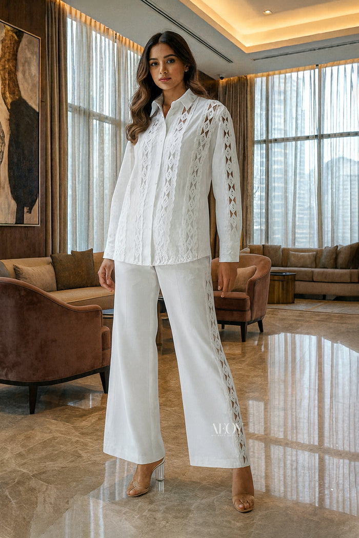 White lace shirt pants co ord set