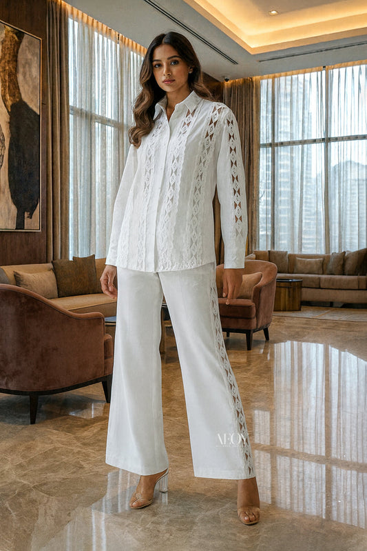 White lace shirt pants co ord set