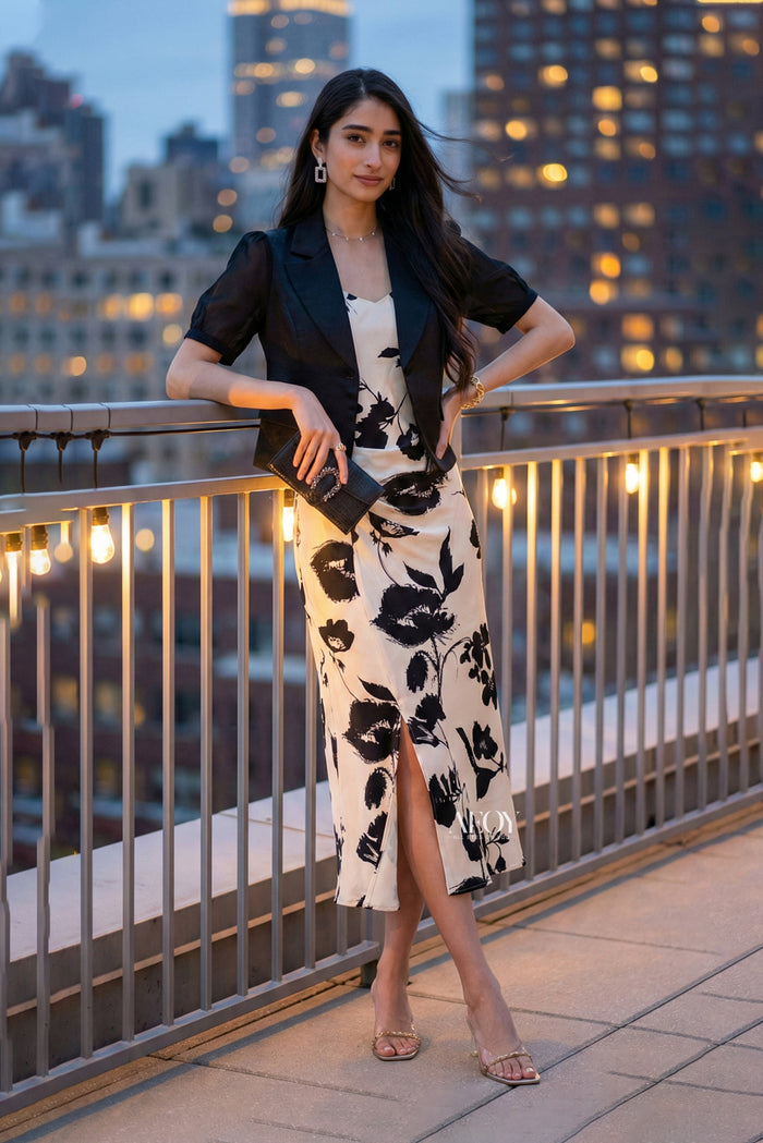 White satin slit dress with blazer