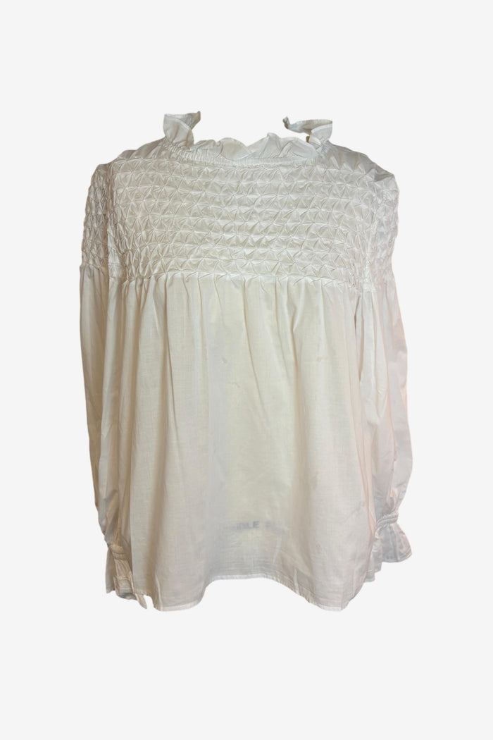 White Smocked Ruffle Blouse