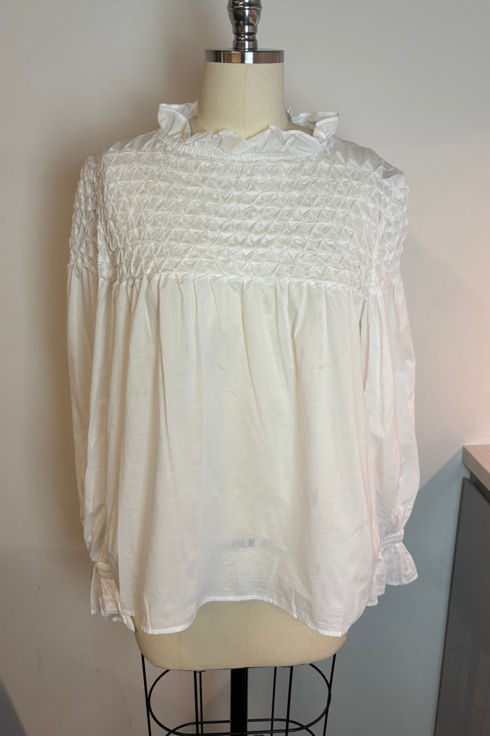 White Smocked Ruffle Blouse
