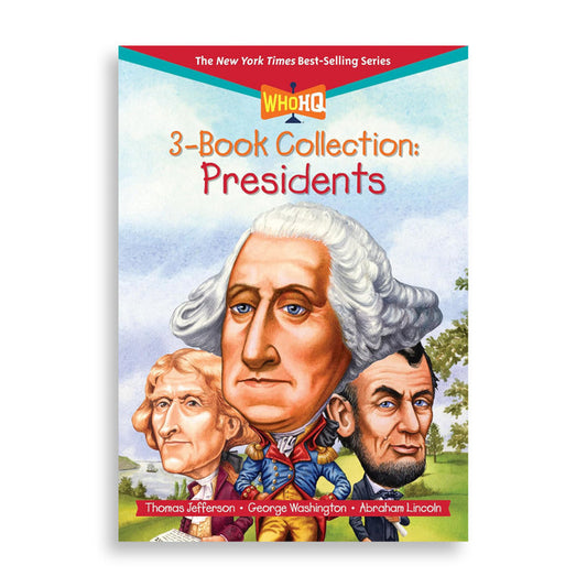 Book collection titled '3-Book Collection: Presidents' featuring illustrations of Thomas Jefferson, George Washington, and Abraham Lincoln.