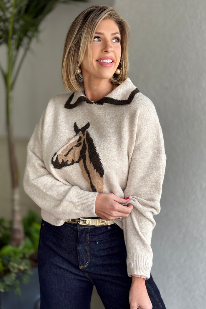 Wild Mane Horse Motif Knit Sweater