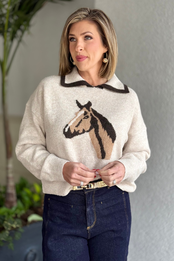 Wild Mane Horse Motif Knit Sweater