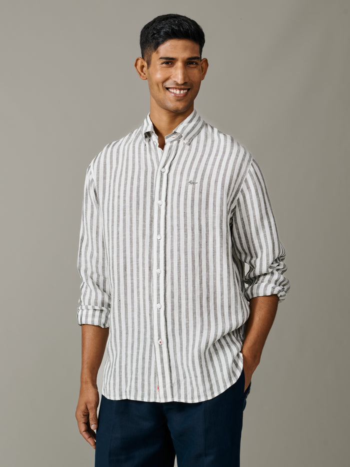 Aubin Khaki Stripe Worlaby Linen Shirt | Linen Shirt
