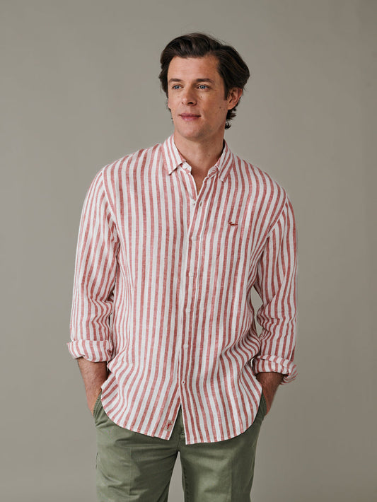 Aubin Terracotta Stripe Worlaby Linen Shirt | Linen Shirt