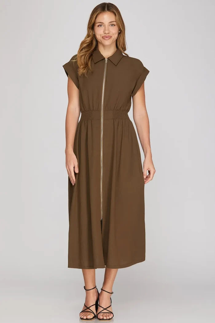 Woven Collared Zip Up Midi Dress with Pockets