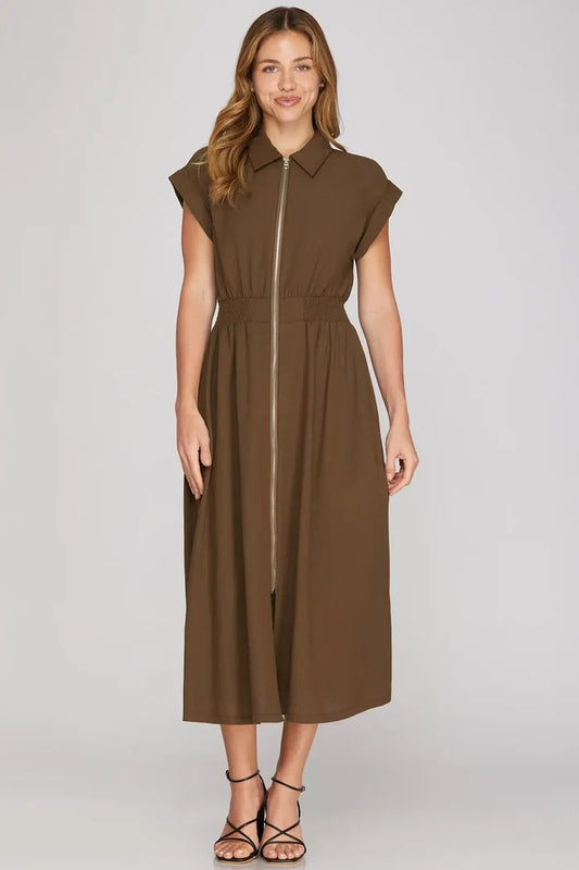 Woven Collared Zip Up Midi Dress with Pockets