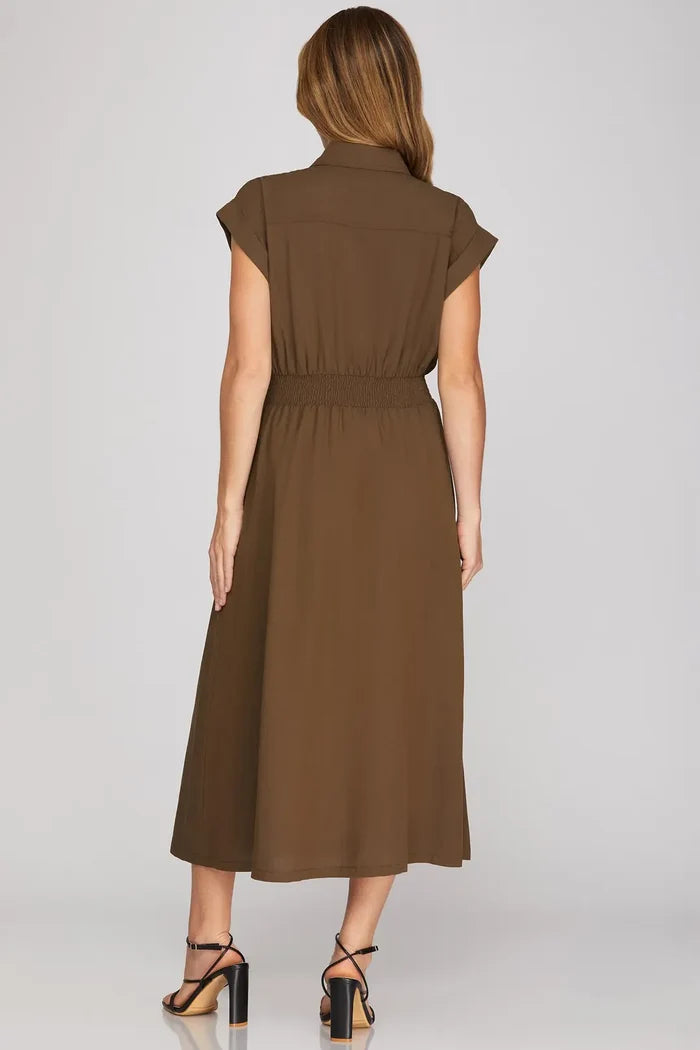 Woven Collared Zip Up Midi Dress with Pockets