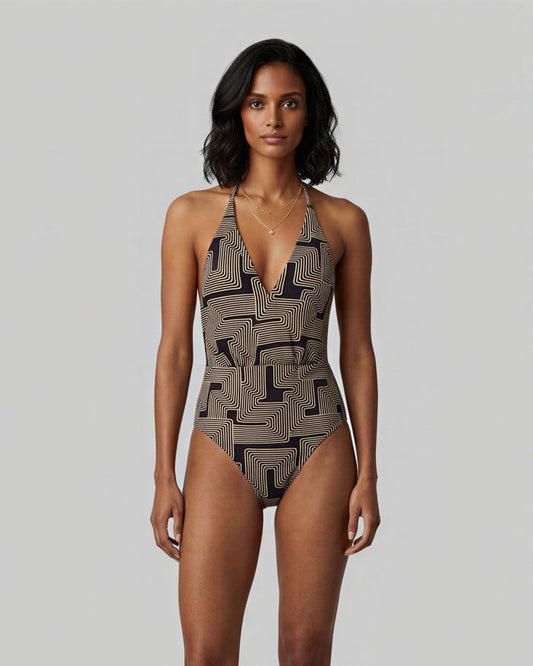 XENA INTER TWINE BLACK WOMENS HALTER ONE-PIECE SWIMSUIT
