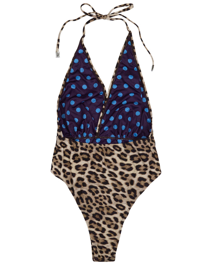 XENA LEOPARD BROWN WOMENS HALTER ONE-PIECE SWIMSUIT