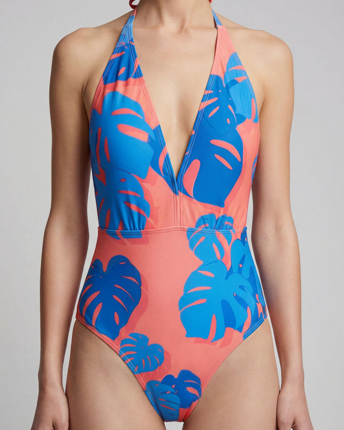 XENA MONSTERA FLORAL CORAL WOMENS HALTER ONE-PIECE SWIMSUIT