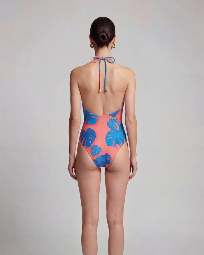 XENA MONSTERA FLORAL CORAL WOMENS HALTER ONE-PIECE SWIMSUIT