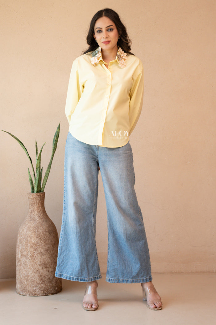 Yellow floral embellished cotton shirt