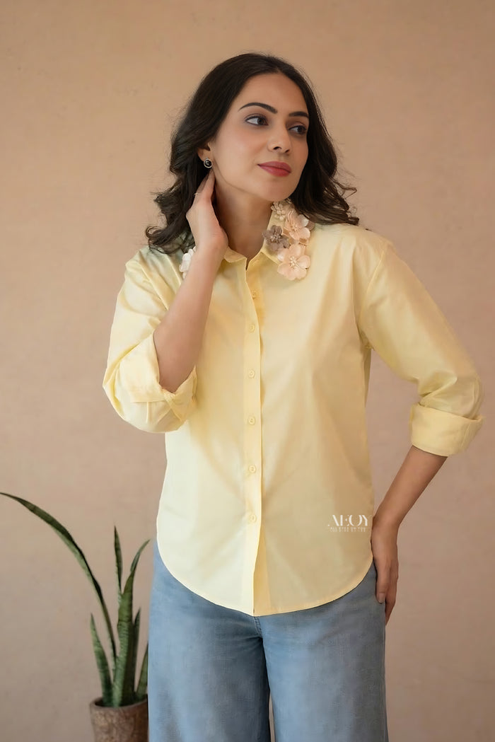 Yellow cotton shirt with floral design