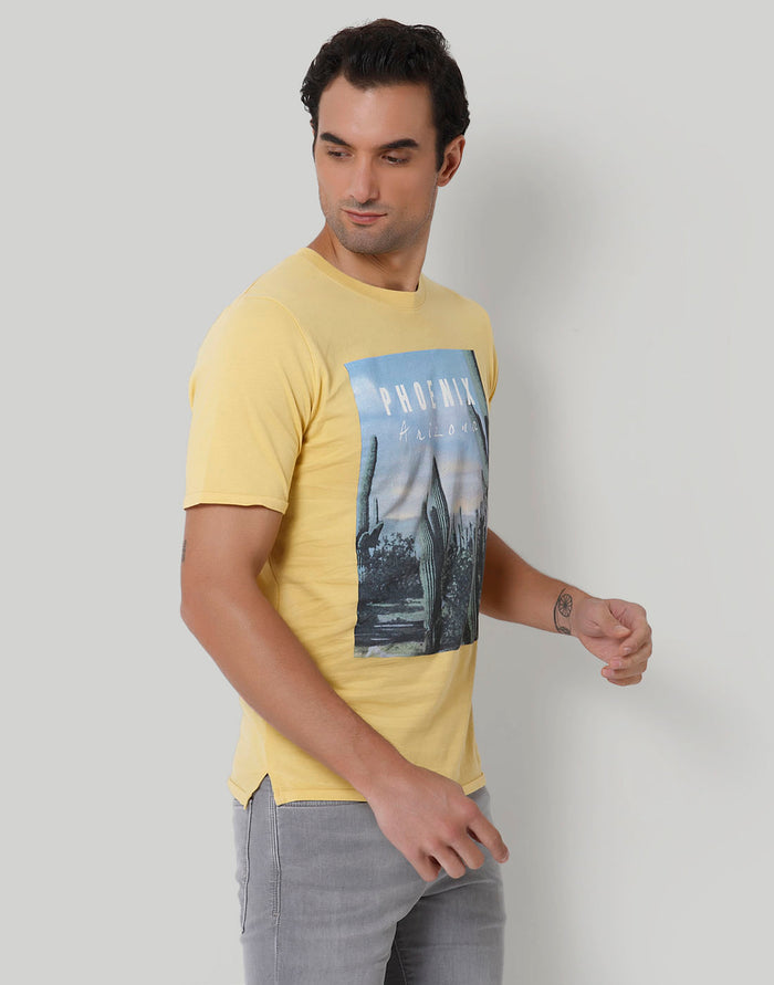 Yellow Printed Crew Neck T-Shirt