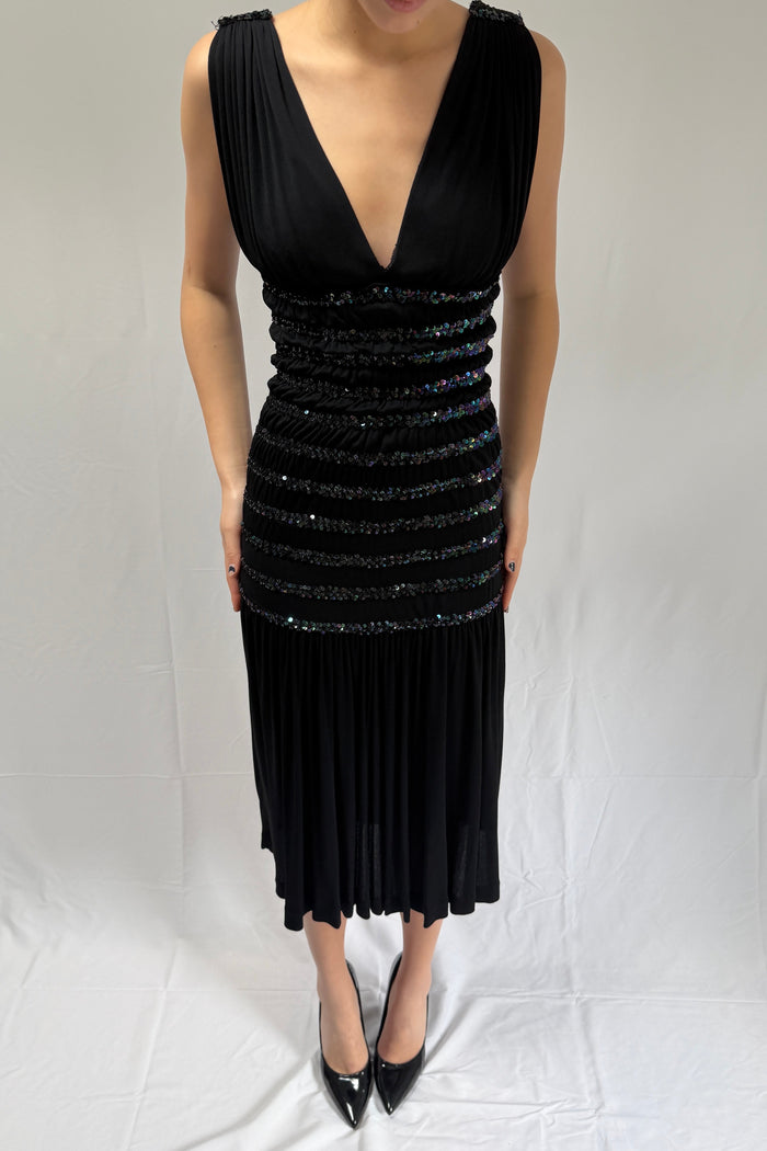 Yves Saint Laurent 1983-84 F/W Black Silk Crepe Dress with Sequin Detailing