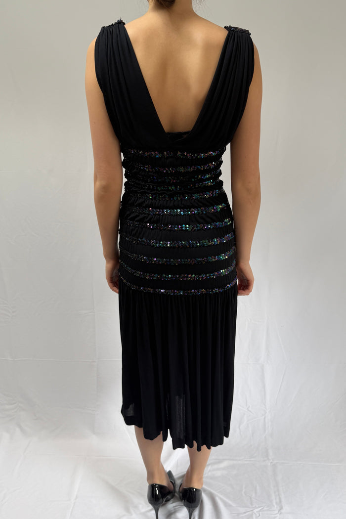 Yves Saint Laurent 1983-84 F/W Black Silk Crepe Dress with Sequin Detailing