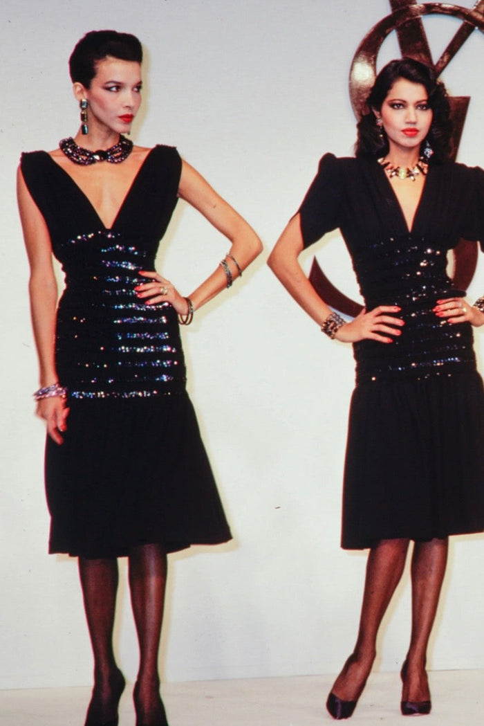 Yves Saint Laurent 1983-84 F/W Black Silk Crepe Dress with Sequin Detailing