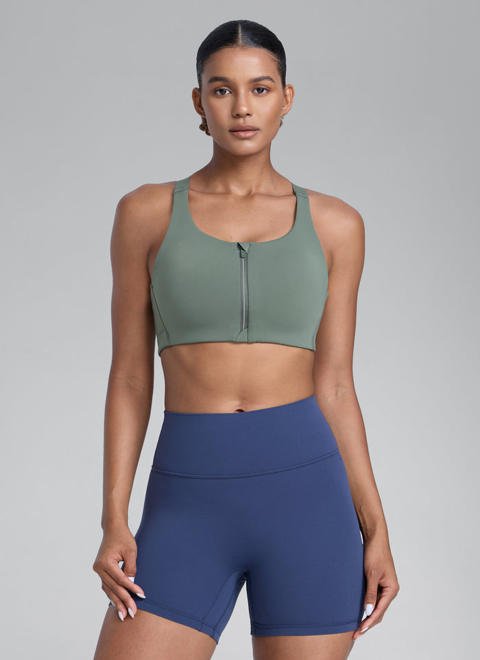 CRZ YOGA Womens Zip Front High Impact Sport Bra with Adjustable Straps Grey Sage